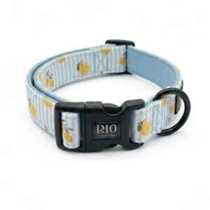 Collar para perro Amalfi Lemon, de rayas celestes con limones, con hebilla de clic y anilla para la correa