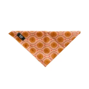 Bandana de doble cara para perro Ibiza, de soles naranjas sobre fondo rosa, sobre fondo blanco